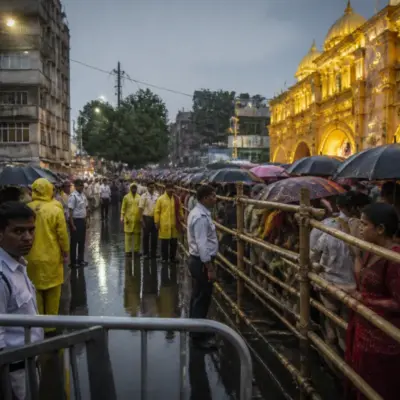 Chorbagan stampede site with rain-soaked crowd-control barriers near a Kolkata puja pandal