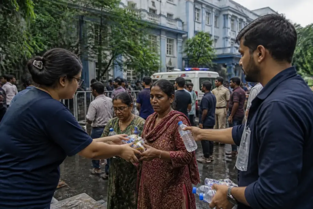 RSS volunteers assisting families after the Chorbagan stampede in Kolkata