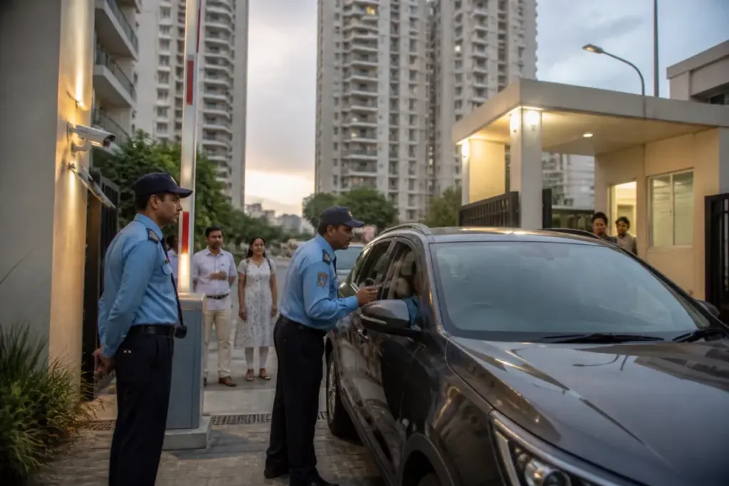 Noida high-rise society security gate with a vehicle being checked by guards