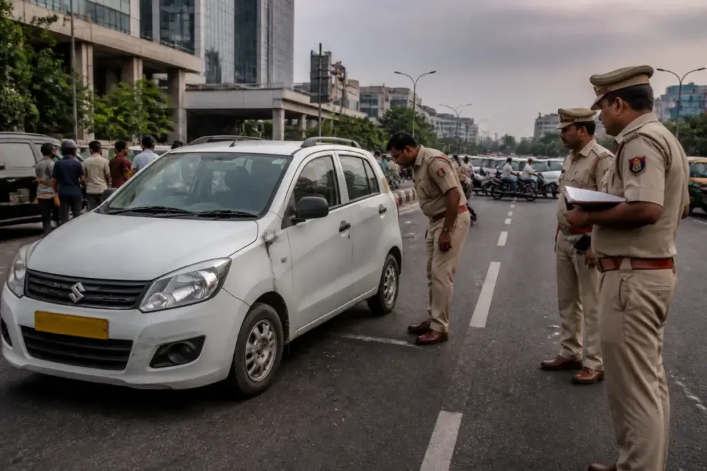 Noida road rage scene with a cab stopped on an urban street and police investigating