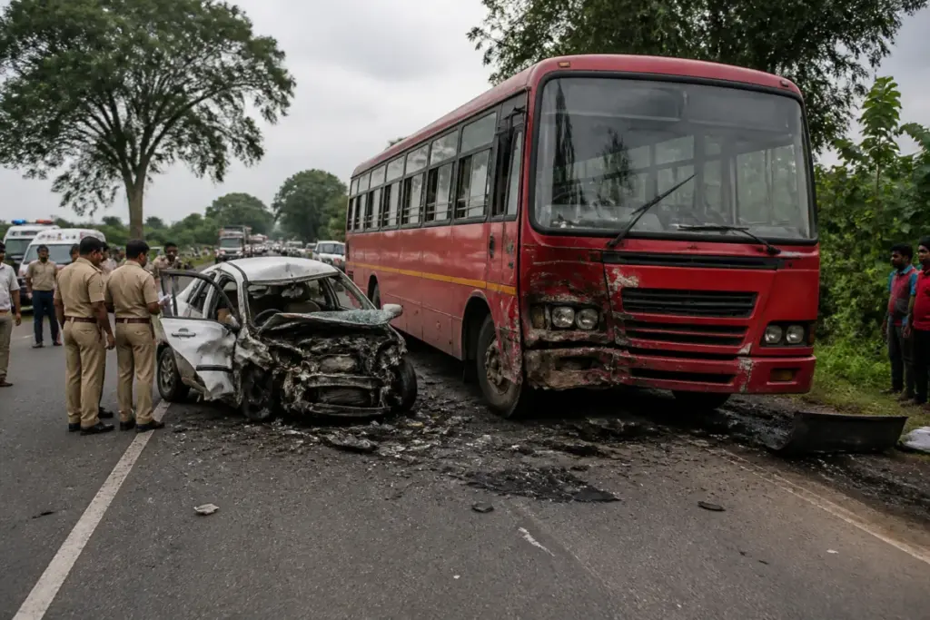 Beed road accident scene involving a damaged state transport bus and car near Majalgaon