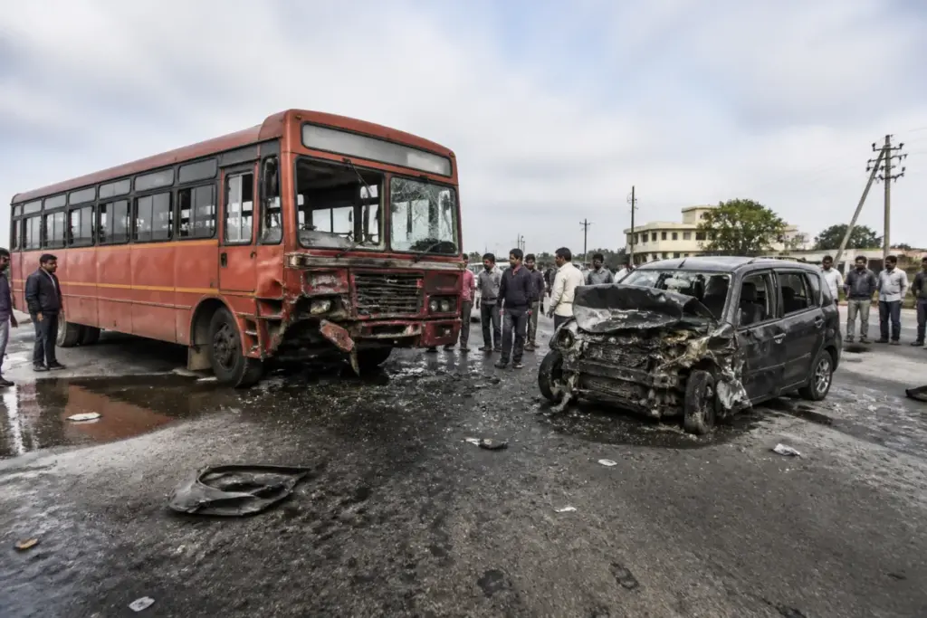 Beed road accident scene showing a damaged car and state transport bus on a Maharashtra highway