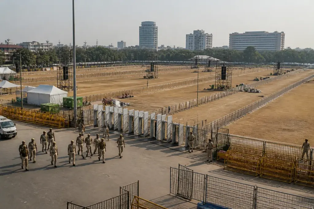 Ramlila Maidan rally venue in central Delhi with security barricades and an urban crowd area