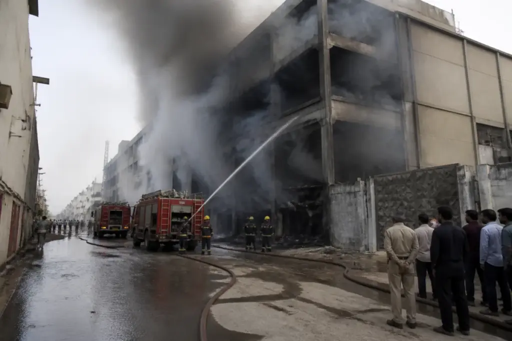 Firefighters tackle the Narela warehouse fire in Delhi’s Bhorgarh Industrial Area