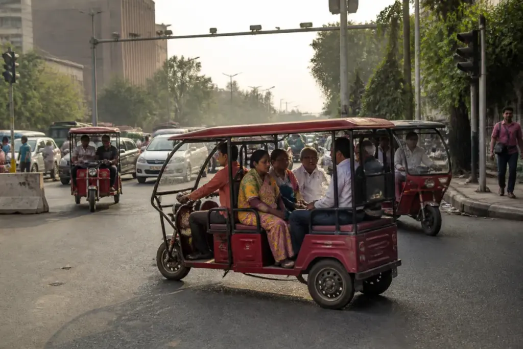 Delhi e-rickshaws operating on a busy urban road with commuters and traffic