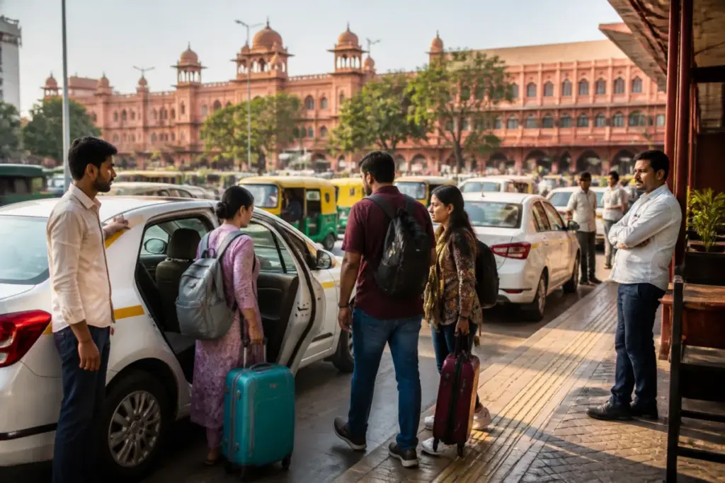 Bharat Taxi Jaipur vehicles and passengers near a busy railway station