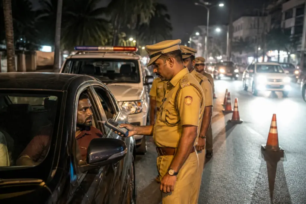Kerala Police conducting drunken driving checks on a city road at night