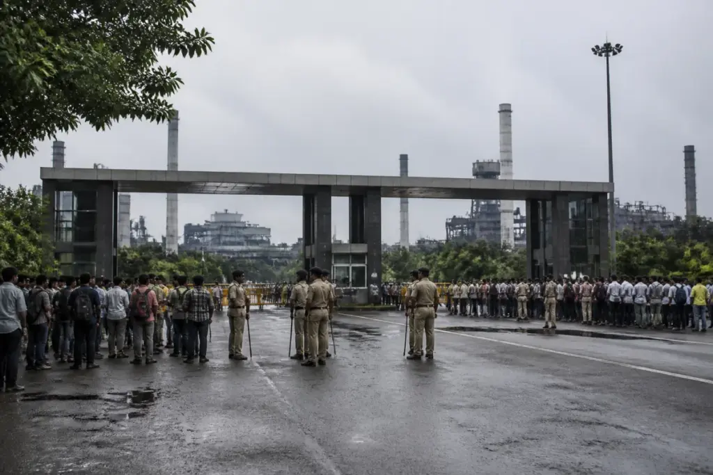 Bokaro Steel Plant gate amid a blockade by displaced job seekers in Jharkhand
