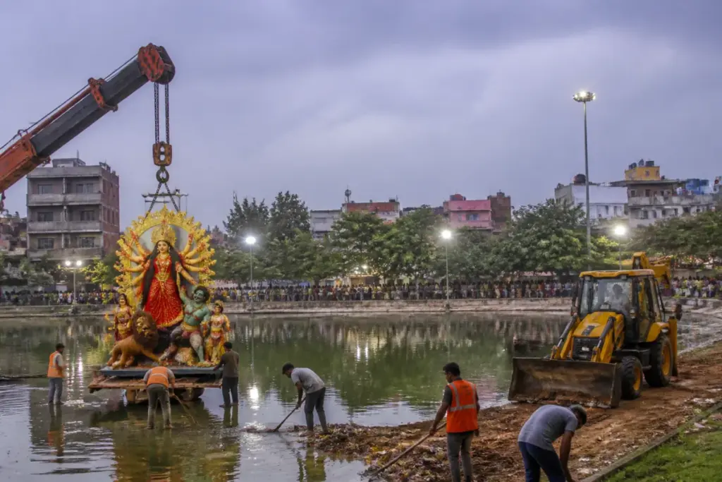 Ranchi idol immersion site prepared with cranes, lighting and sanitation equipment