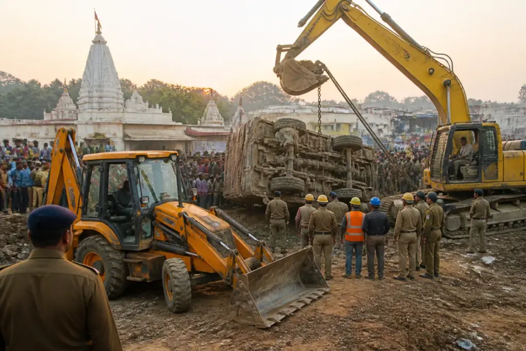 Gwalior temple rescue workers using heavy machinery to lift an overturned truck