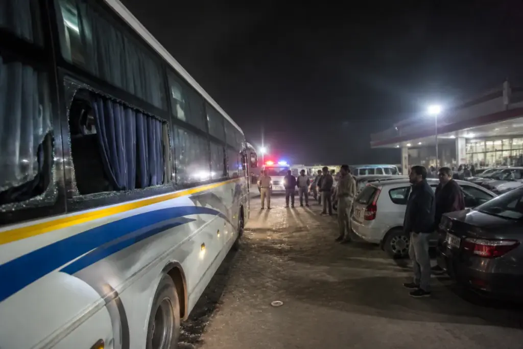 J&K-bound bus at a Karnal roadside stop after a stone-pelting incident