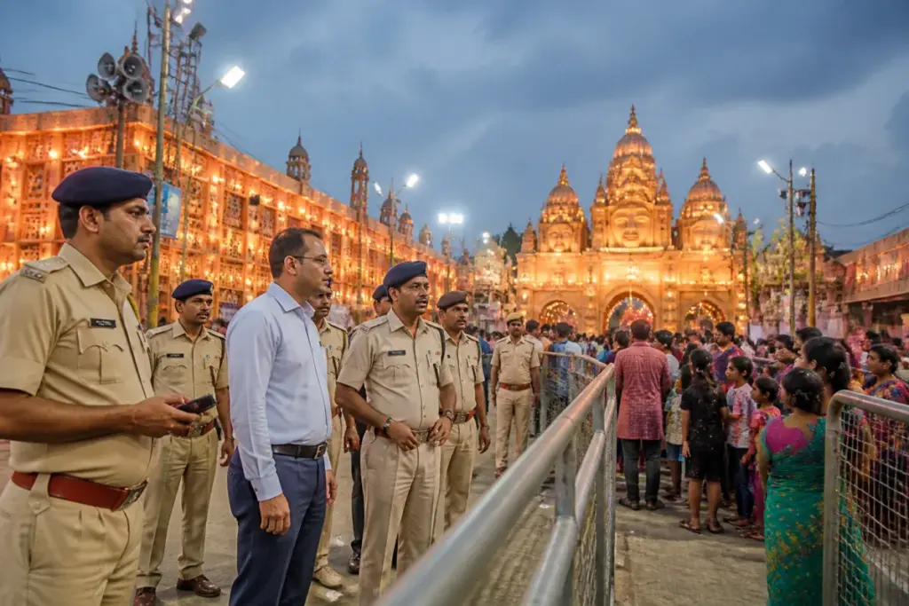 Gaya Durga Puja security personnel managing a crowded festival venue with barricades and lighting