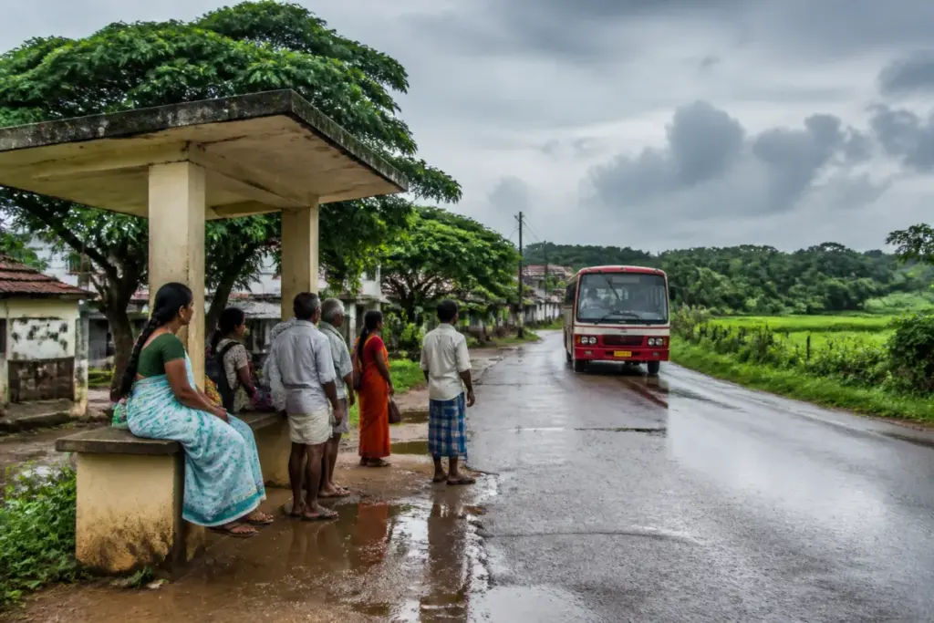 Rural bus shelter plan for Karnataka villages with passengers waiting beside a roadside bus stop