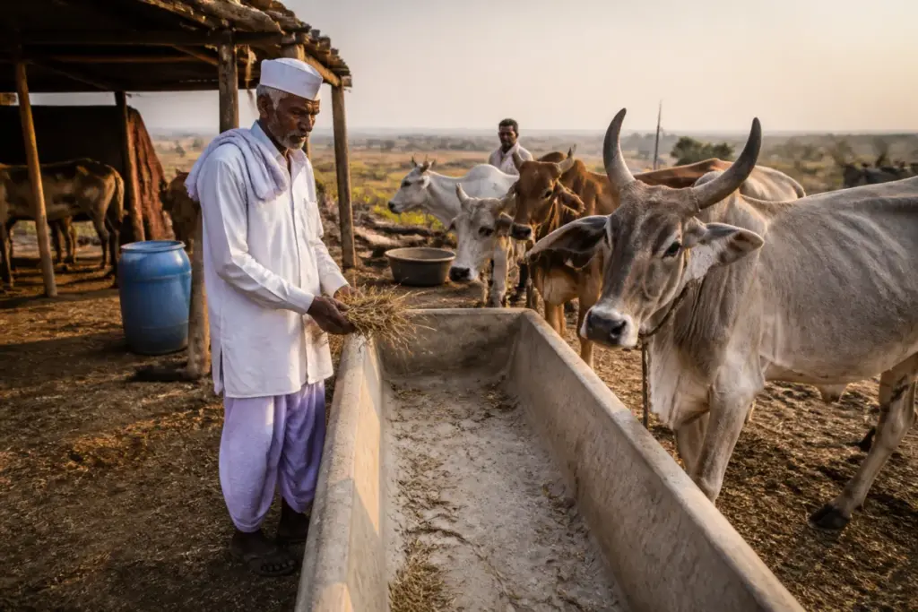 Maharashtra livestock feed crisis affecting cattle in a dry village cattle shed