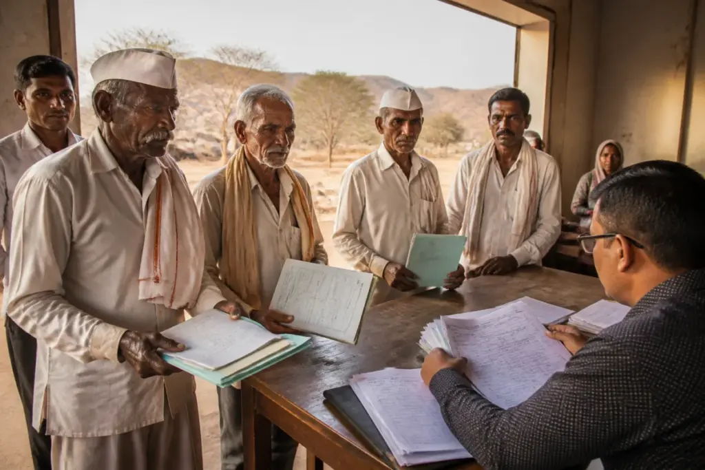 Farmers submitting drought relief documents at a rural government office in Kanagav