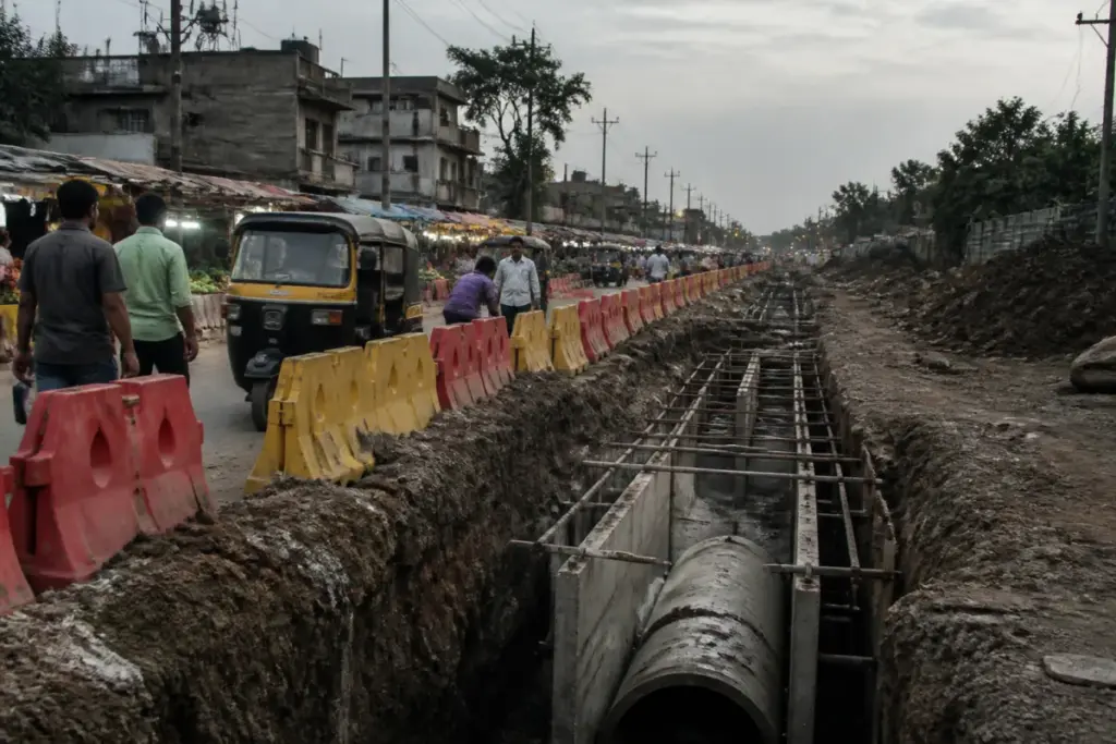 Yerawada drainage pit excavation beside a Pune road with temporary barricades