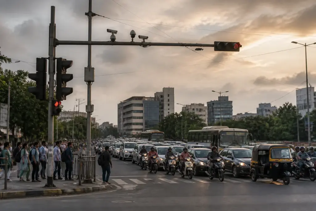 Pune ATMS traffic signals managing congested vehicles at a busy urban junction