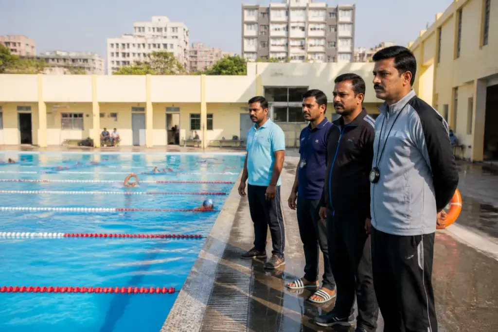 Ahmedabad swimming coaches at a municipal pool facing a new fitness certificate rule