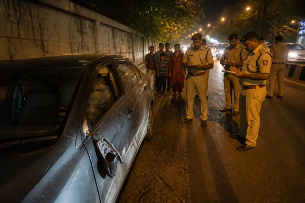Police vehicle near a Fatewadi Canal road after an Ahmedabad corporator family attack