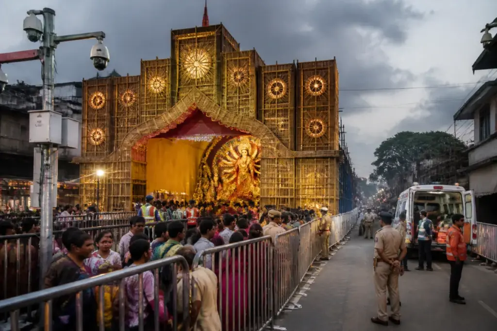 Durga Puja crowd safety measures at a crowded pandal entrance in Bhubaneswar