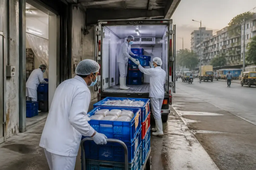 Perishable food transport vehicle with temperature-controlled storage in an Indian city