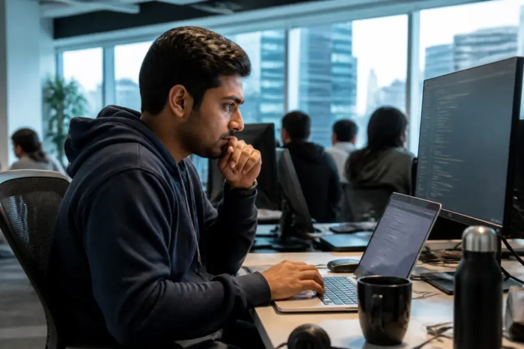AI and entry-level tech jobs reflected in a young professional working beside an AI-enabled coding display
