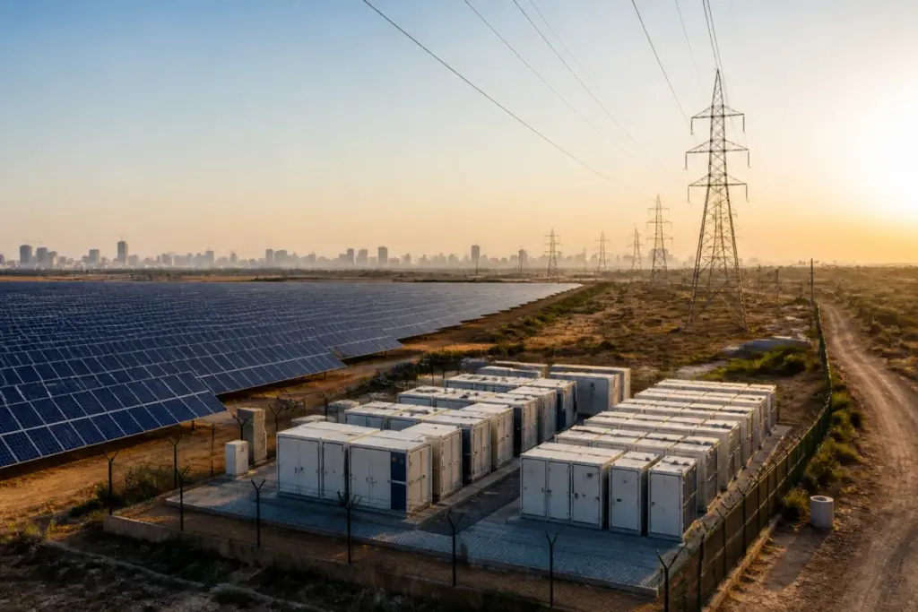 Engie India investment represented by a solar park and battery storage near a power grid