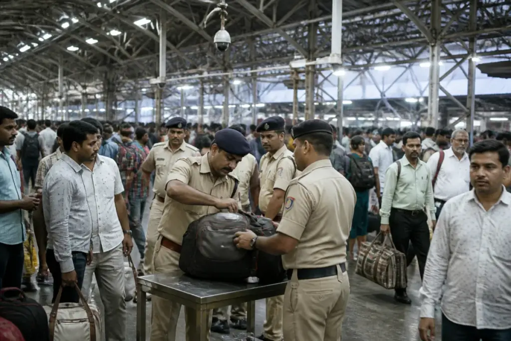 Mumbai GRP bag checks being conducted at a busy railway station with CCTV cameras visible