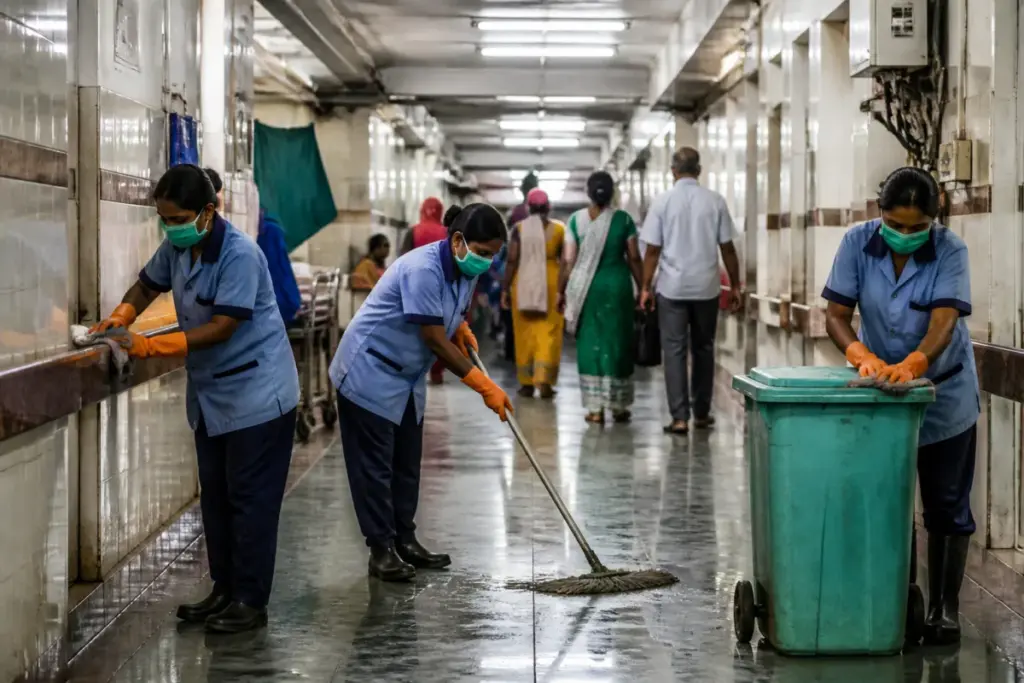 BMC hospital housekeeping staff working in a Mumbai civic hospital corridor