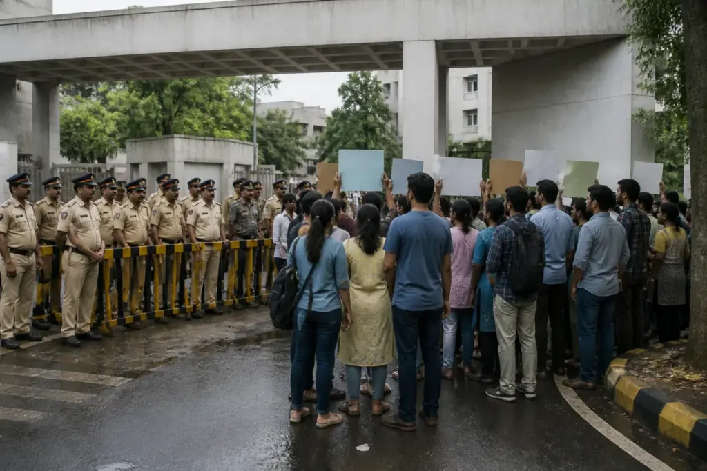 IIT Bombay protests outside the Powai campus amid police detentions and demands for accountability.