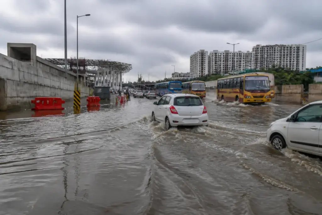 Kilambakkam bus terminus flooding GST Road with vehicles crossing deep rainwater
