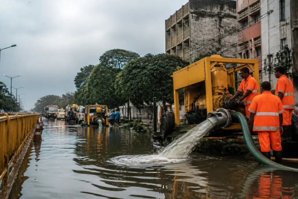 Chennai rainfall causes waterlogging on an urban road as workers clear rainwater.