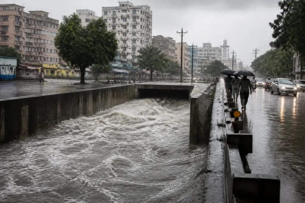 Chennai stormwater drainage channel during heavy rain in an urban neighbourhood