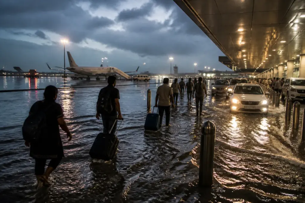 Chennai airport rain causing waterlogging near passenger transfer vehicles