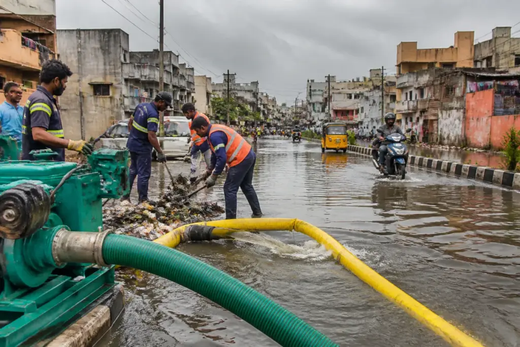 North Chennai flooding on a rain-hit road with workers clearing stagnant water