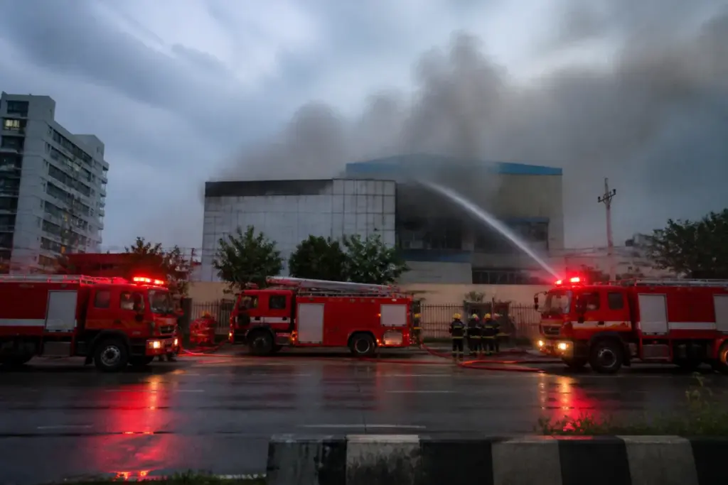 Firefighters respond to a Madhapur factory fire in Hyderabad