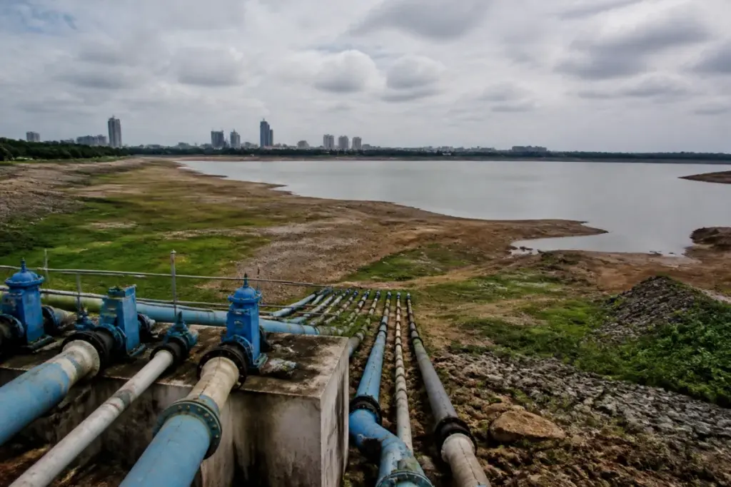 Hyderabad water supply infrastructure and a reservoir facing declining levels