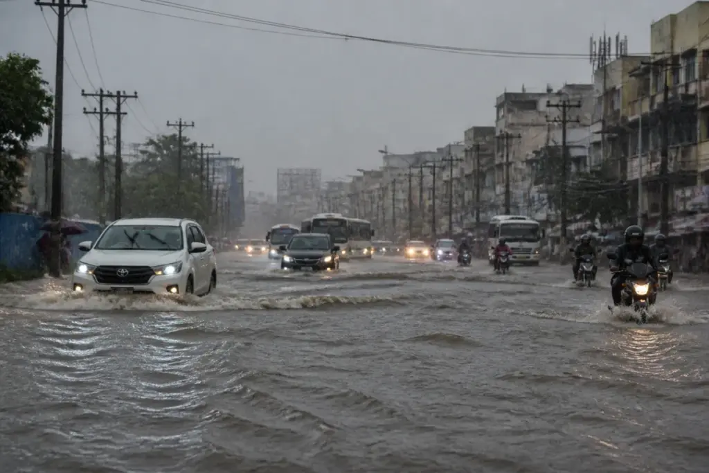Chennai heavy rain flooding a city road with vehicles moving through waterlogged streets