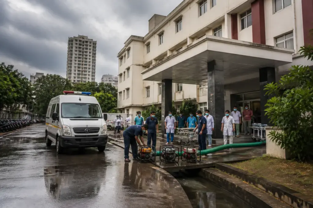 Northeast monsoon preparedness at a Chennai government hospital with ambulances and rainwater pumps