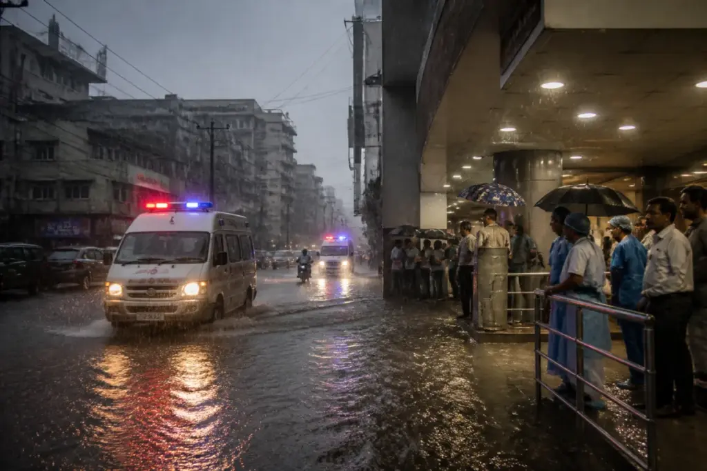 Chennai extreme rainfall warning concerns shown through a rain-soaked urban road and emergency response