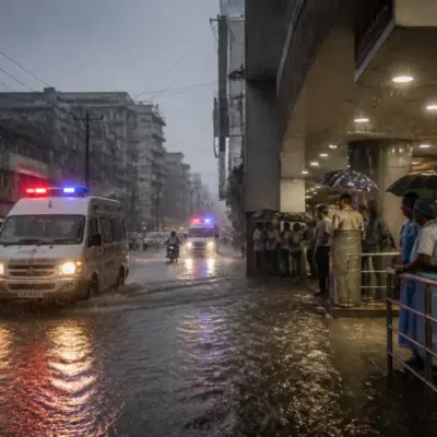 Chennai extreme rainfall warning concerns shown through a rain-soaked urban road and emergency response
