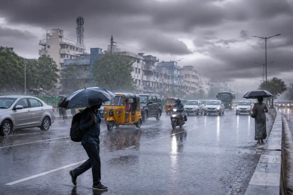 Chennai heavy rain warning as dark clouds gather over an urban street