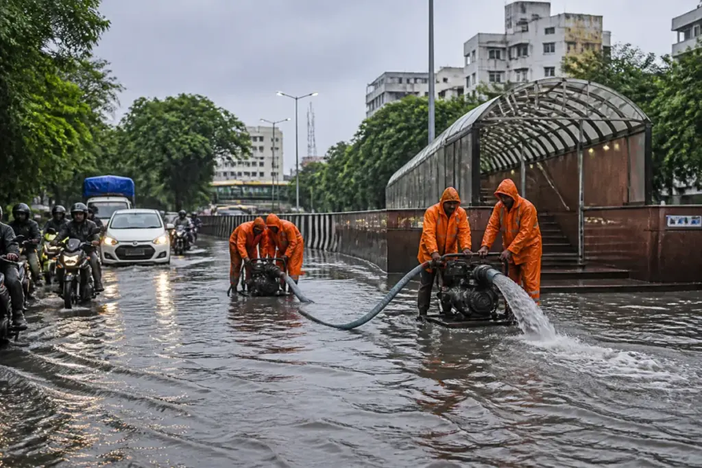 Chennai rain preparedness teams clearing water from a flooded city road