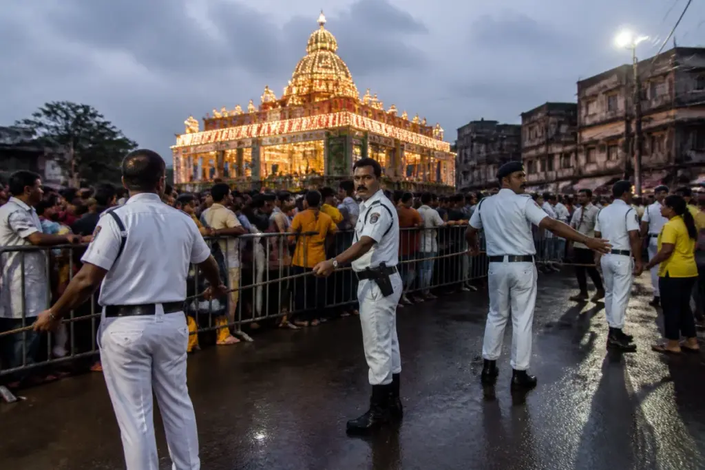 Police manage crowds outside a Kolkata Durga Puja pandal after the Kolkata stampede.