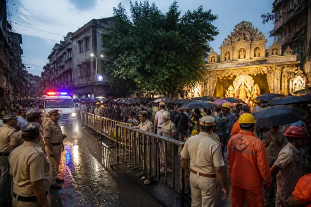Kolkata stampede response at a crowded Durga Puja pandal after heavy rain