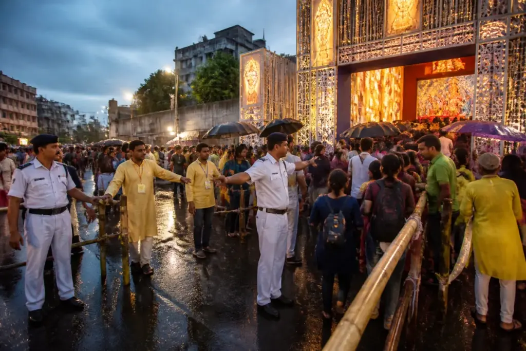 Kolkata crowd management officers guiding visitors near a Durga Puja pandal