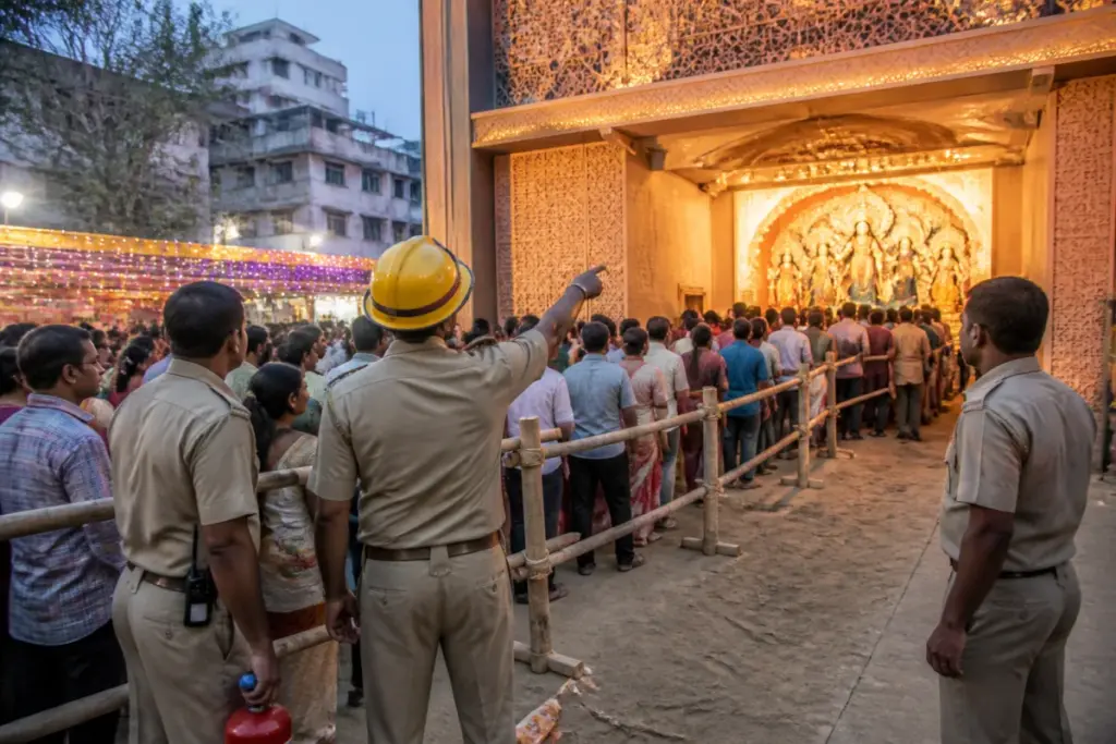 Kolkata fire safety inspection at a crowded Durga Puja pandal