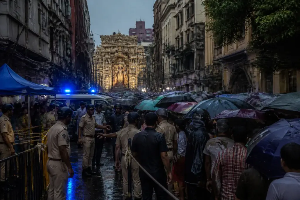 Kolkata Chorb​​agan stampede site with a crowded Durga Puja pandal and rain-soaked access roads
