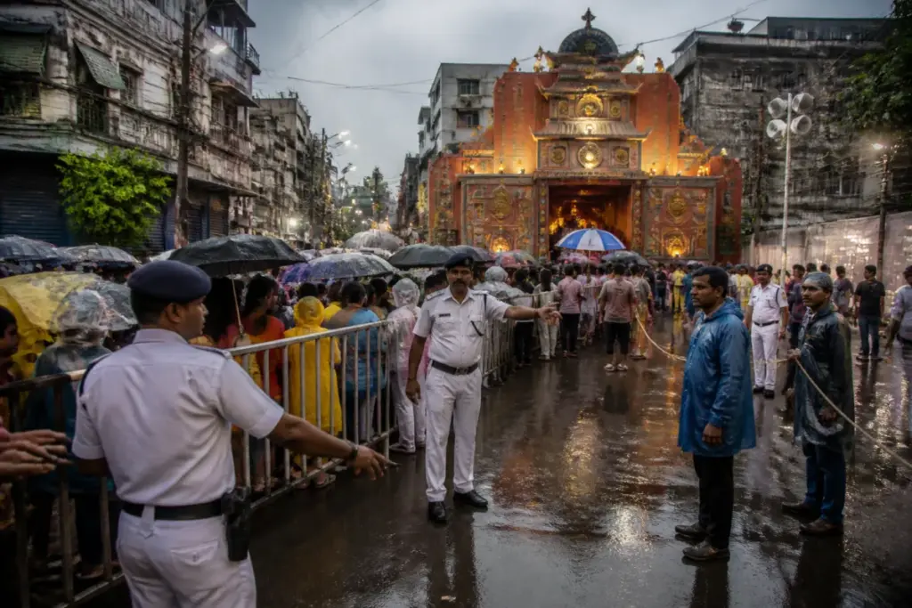 Kolkata Durga Puja crowd control officers managing visitors outside a crowded pandal
