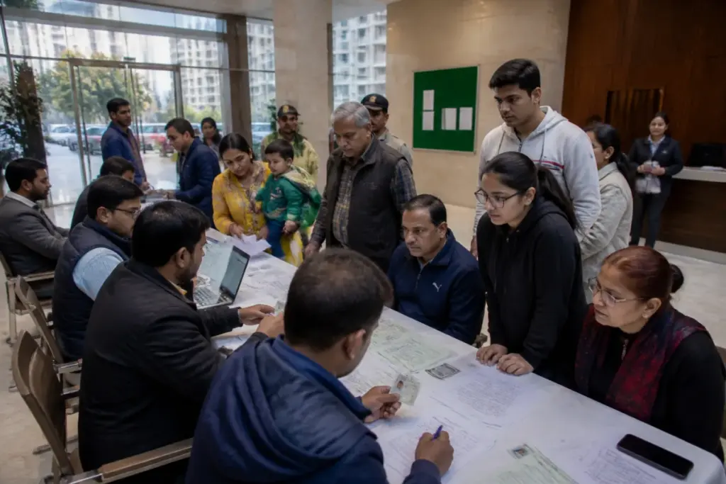 Ghaziabad voter registration applicants at a high-rise society during a special electoral roll drive